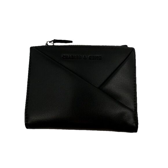 New Charles & Keith Midori Geometric Top Zip Wallet Noir Black Minimalist Preppy - Picture 4 of 15
